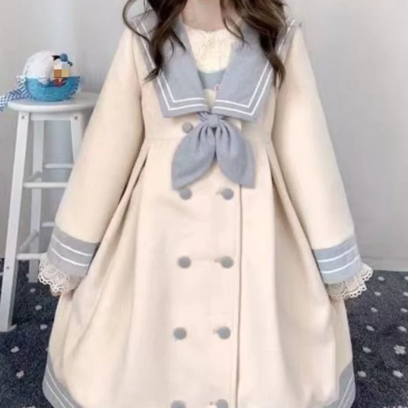 Giapponese carino dolce ragazze stile College cappotto di Tweed JK Lolita Kawaii Navy collare sciolto di media lunghezza Beige giacca di Tweed per