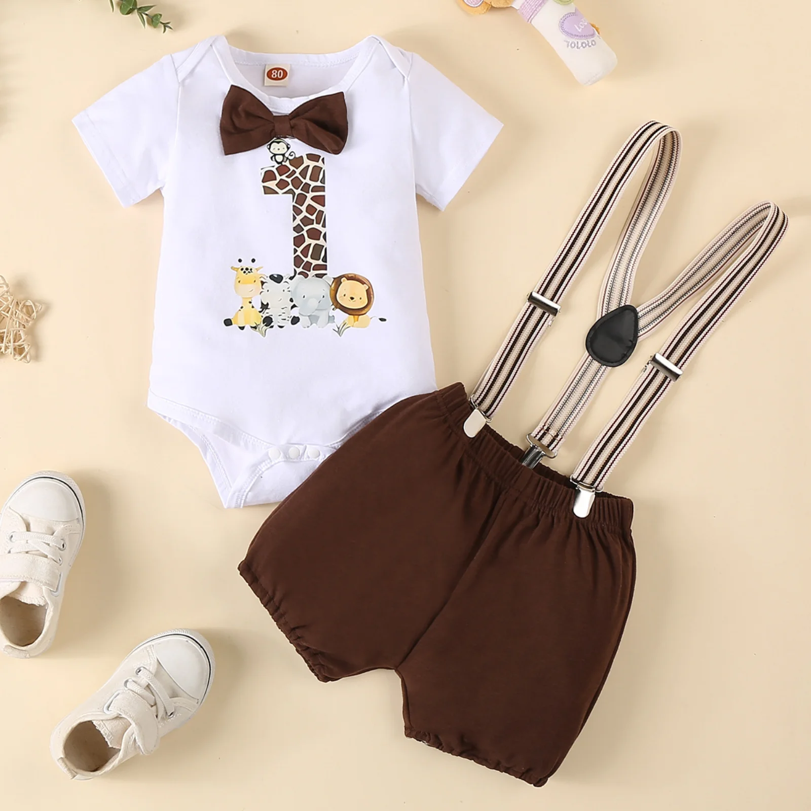 Summer New Little Boys Animal Print Cartoon Cute Bow Sweetheart Block Color Backband Pants Two Piece Set for 0-2 Years