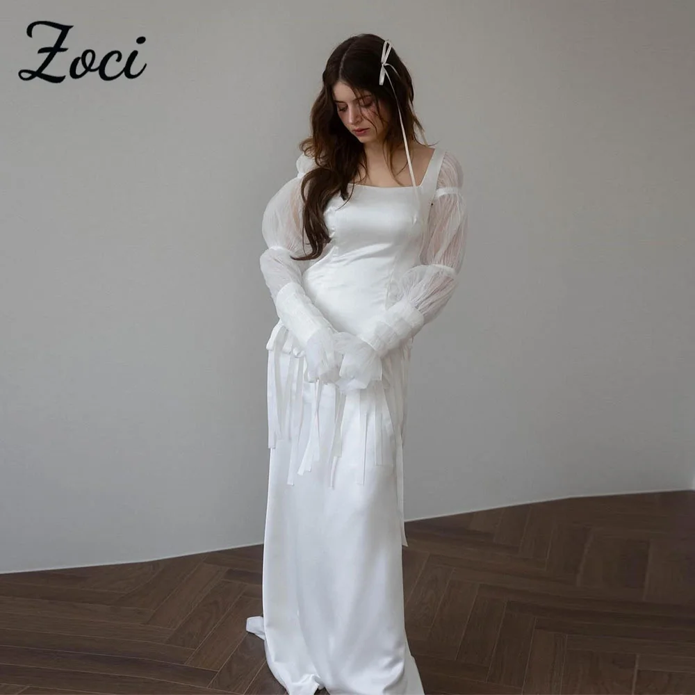 Zoci-vestidos de novia de princesa con cuello cuadrado, vestido de novia de sirena con mangas largas abombadas, vestido de novia de satén con espalda descubierta personalizado, 2025