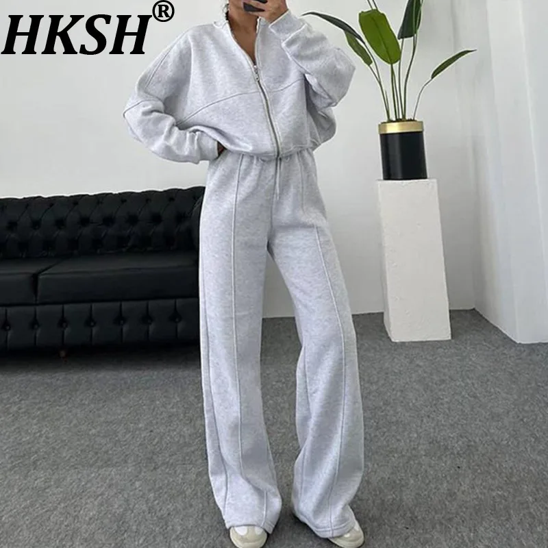 

HKSH Spring Autumn New Women Casual Two-piece Set Sports O-neck Zipper Coat Drawstring Elastic Waisted Solid Color Pants HK17591