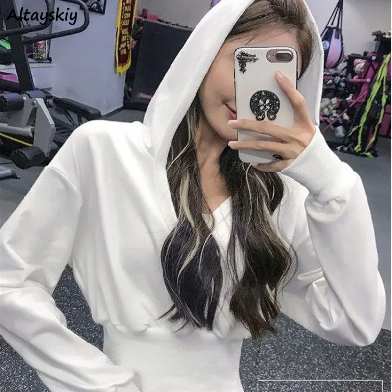 

Women Hooded Hoodies V-neck Loose Simple Long Sleeve Elegant Sweatshirts Y2k Cropped Tops Hoodie K Pop Clothes Hipster Newest