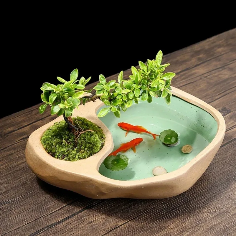 Ceramic Goldfish Tank Desktop Small Living Room Ornament Turtle Tank Ancient Small Fish Tank Water Lily Pot Lotus Pot