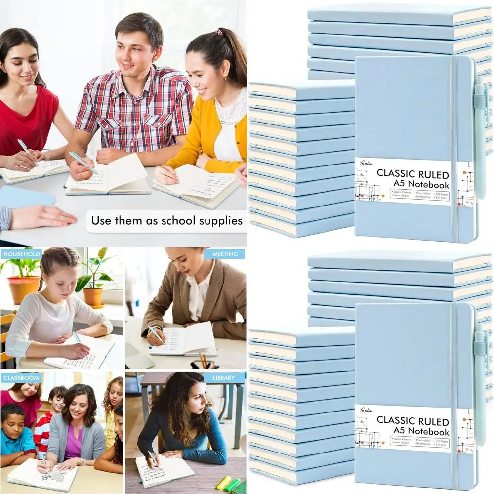 

Набор тетрадей формата А5 в линейку с 24 черными ручками, бумага 120 г/м², обложка светло-голубого цвета