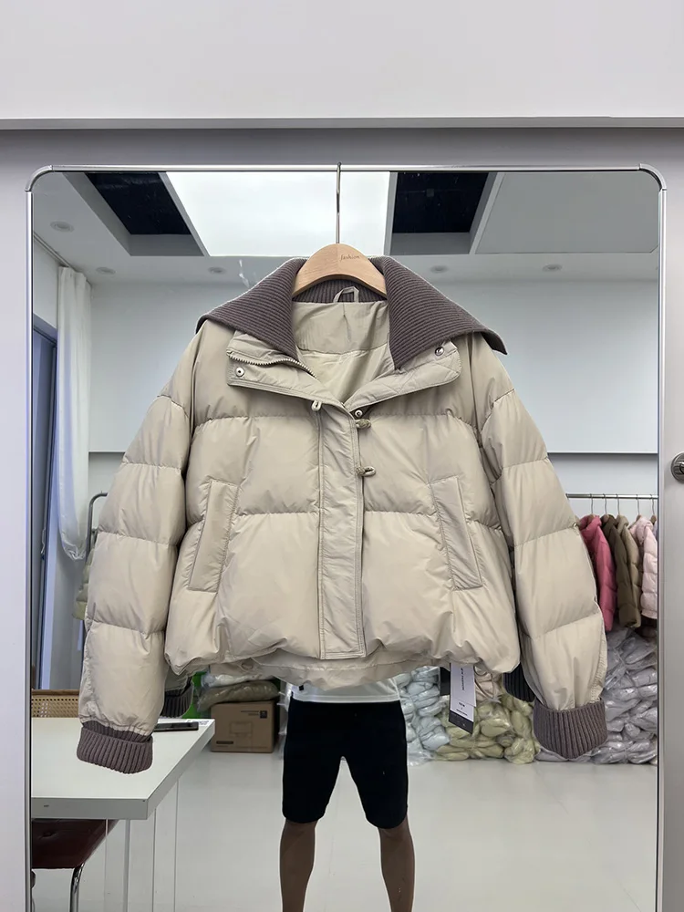 

2025 Winter New Down Jacket Women's Korean Edition Lapel Collar Fashion Knitted Splicing White Duck Down Coat Trendy