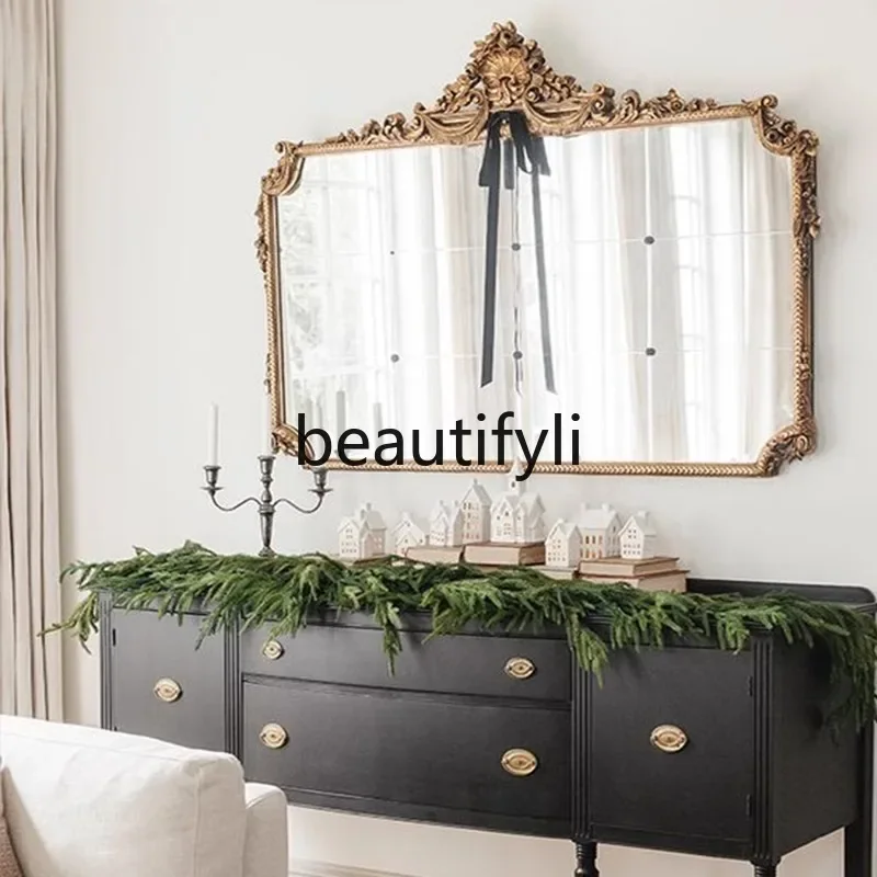 

French bathroom mirror retro solid wood carving flower porch decorative wall hanging makeup mirror5556