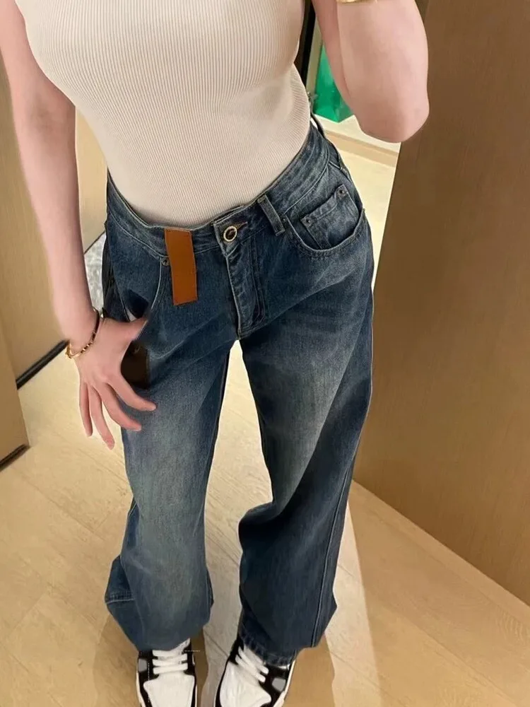 

Прямые джинсы с высокой талией, женские осенние свободные джинсы для похудения, американские длинные брюки с цветочным принтом, повседневная мода