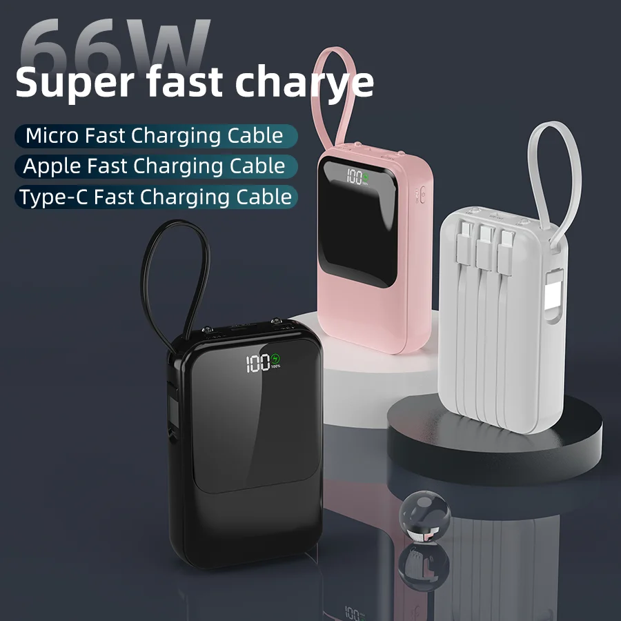 10000mAh Portable Power Bank for Universal Devices Super Fast Charging with Built-in Cable Large Capacity Power Bank for iPhone Samsung Huawei Xiaomi