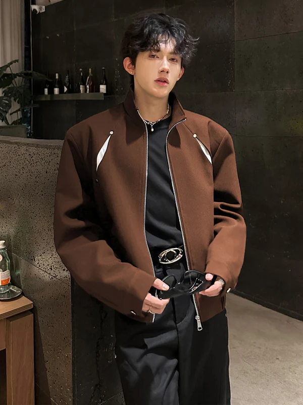 

Retro American ort Loose Fit Stand Collar Men's Jaet Spring Autumn oulder Pad Color Blo Design Korean Sle Outerwear