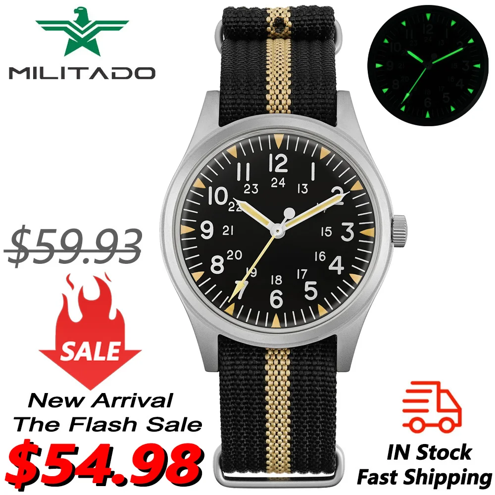 Militado ML07 밀리터리 워치, VH31 쿼츠 무브먼트 버블 K1 크리스탈, 고 투명 AR 코팅, 야광 36mm 빈티지 시계 