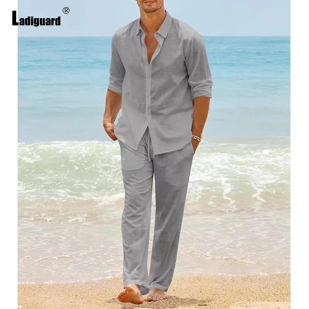 Men Casual Cotton Two Piece Sets 2024 European Style Vintage Basic Tops and White Straight Pants Suit Male Beach Tracksuits Set