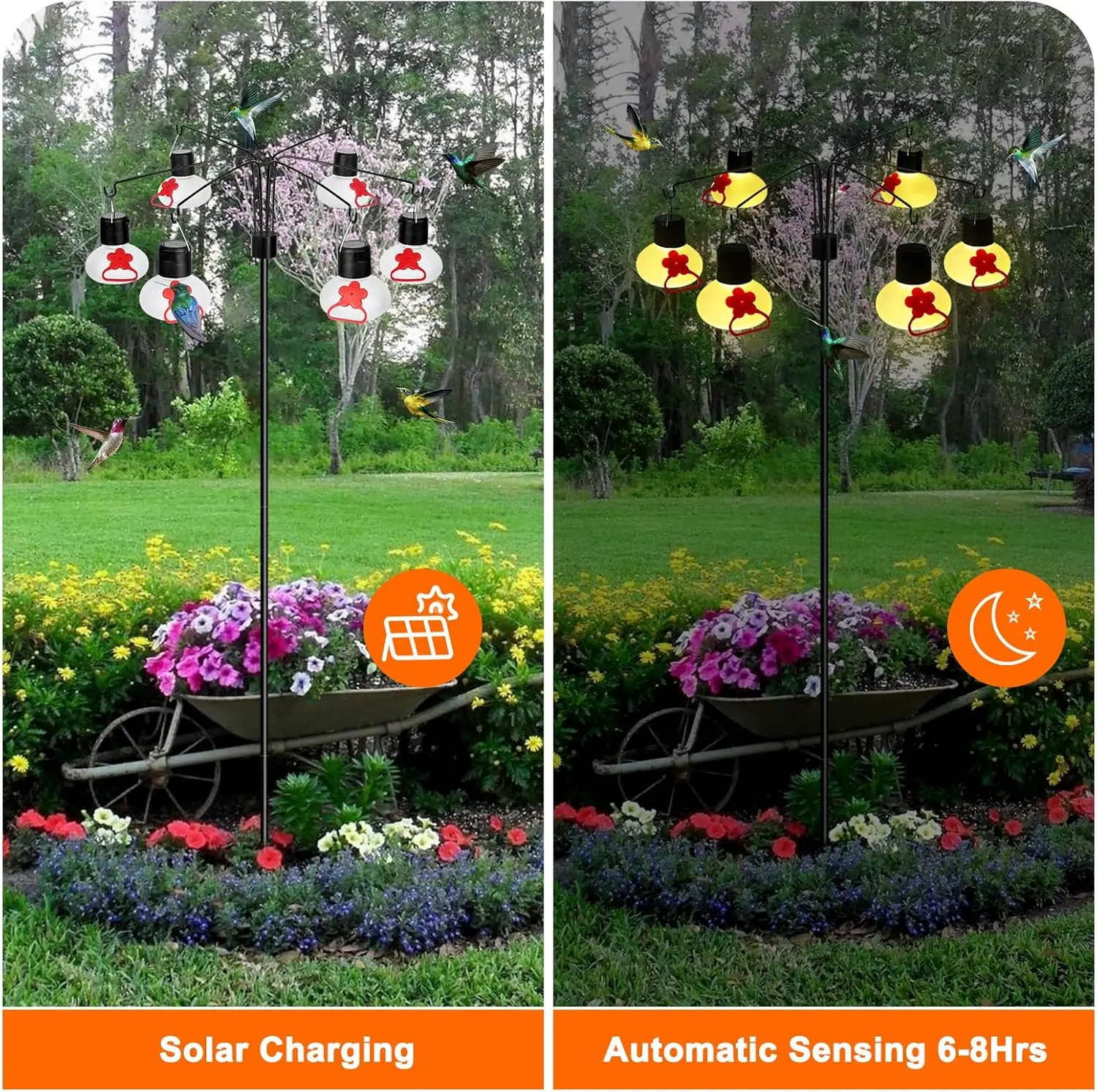 Solar Feeders for Outdoors(6 Feeding Stations),Solar Lights Outdoor Waterproof, Glass Hummingbird Feeder with Shepherd Hook