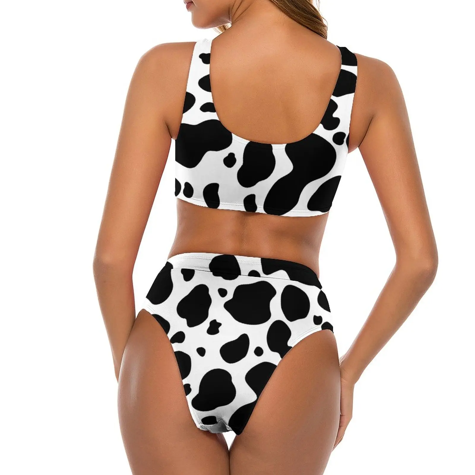 Maillot de bain imprimé vache noir et blanc, sexy, ensemble deux pièces, kawaii, taches de vache, bikini féminin, vêtements de plage, grande taille