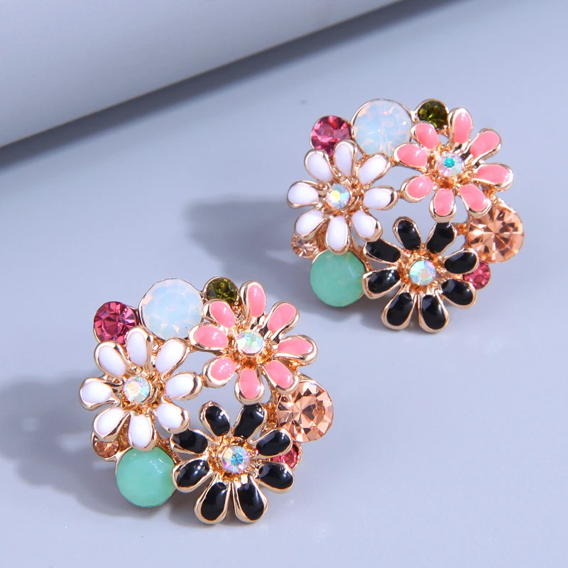 New Arrival Korean Trendy Fashion Stud Earrings For Women Enamel Flower Earring Crystal Statement Earings Fashion Jewelry