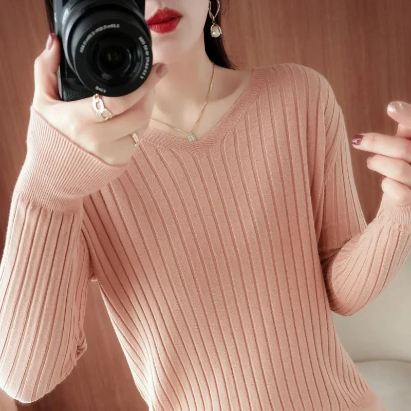 2024 New Women Sweater Spring Autumn Knitted Pullovers V-neck Slim Fit Bottoming Shirts Solid Soft Knitwear Jumpers Basic Sweate