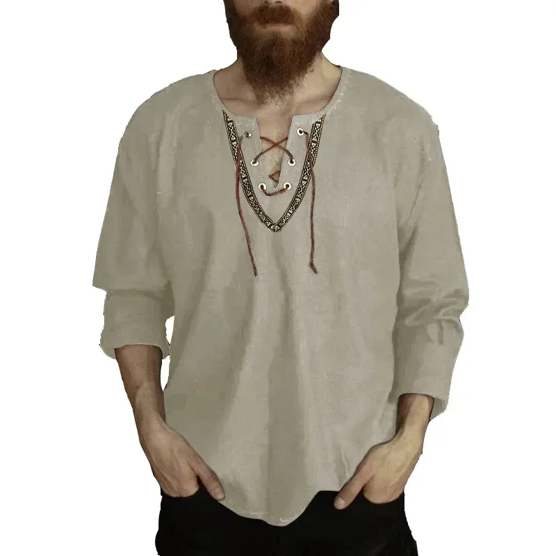 Vikings Shirt Cotton Linen Flax Tops Lace Up Long Sleeves Blouse Mens V Neck Medieval Costume Embroidery Tunic Casual Shirt