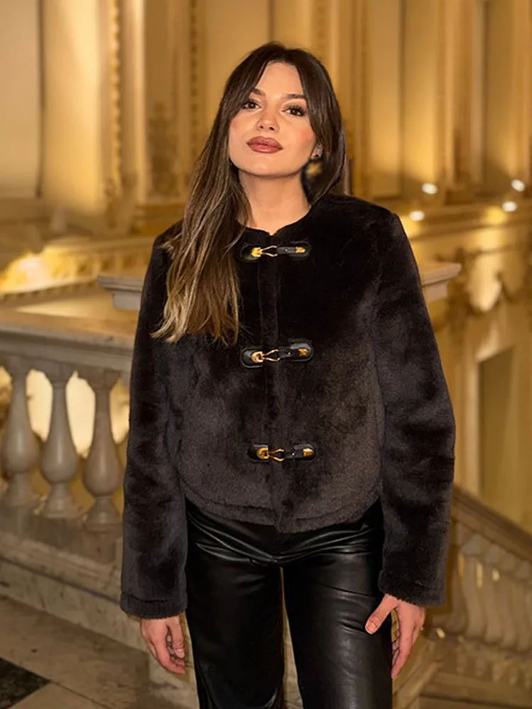 HH Women's Autumn And Winter New Double-Sided Jacket With Knot Buckle, Faux Fur Decoration, Slimming Short Style Jacket