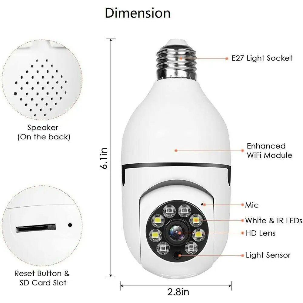 360° Light Bulb Camera Wi-Fi IR Night Smart Home Wireless Security1080P IP E27