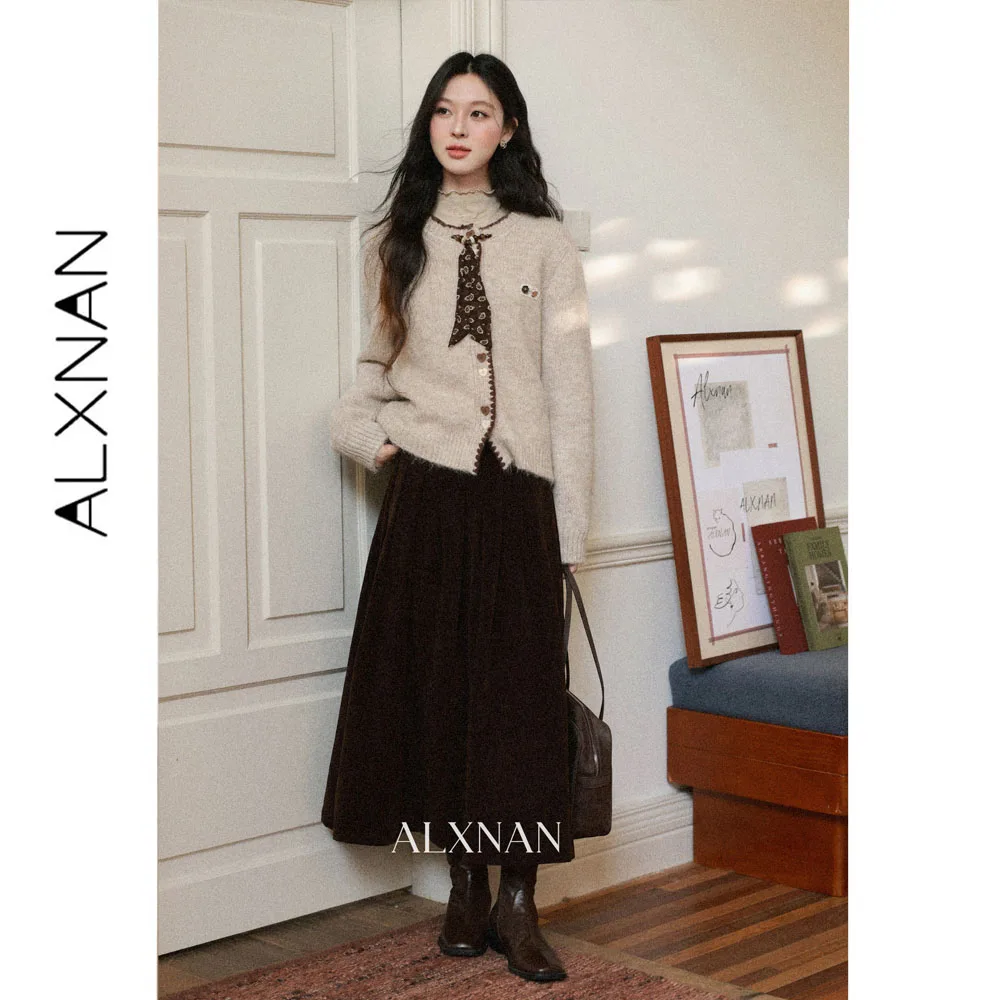 ALXNAN Vintage Mocha Brown Midi Skirt Autumn New Pleated A-line Women's Long Skirt 2026 Elegant Casual Female Clothing L68537