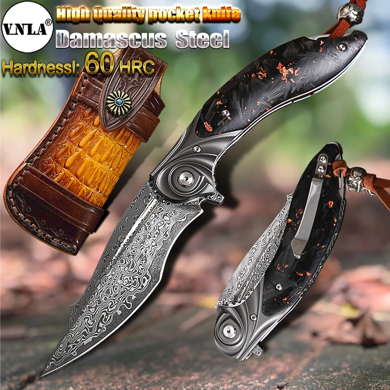 

VNLA VG-10 Damascus steel Portable Sharp Knife Outdoor Survival Tactical Camping hunting Knife EDC Fruit Tool Pocket Clip Knife