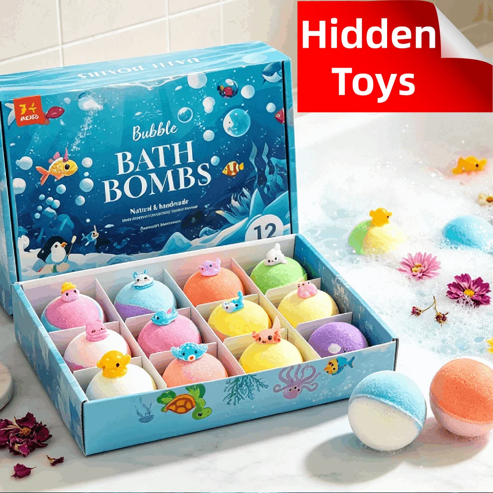 12PCS Bath Salt Ball Surprise Toy Inside Colorful Bubble Bath Ball Natural Mega Bubbles Long Lasting Fragrance