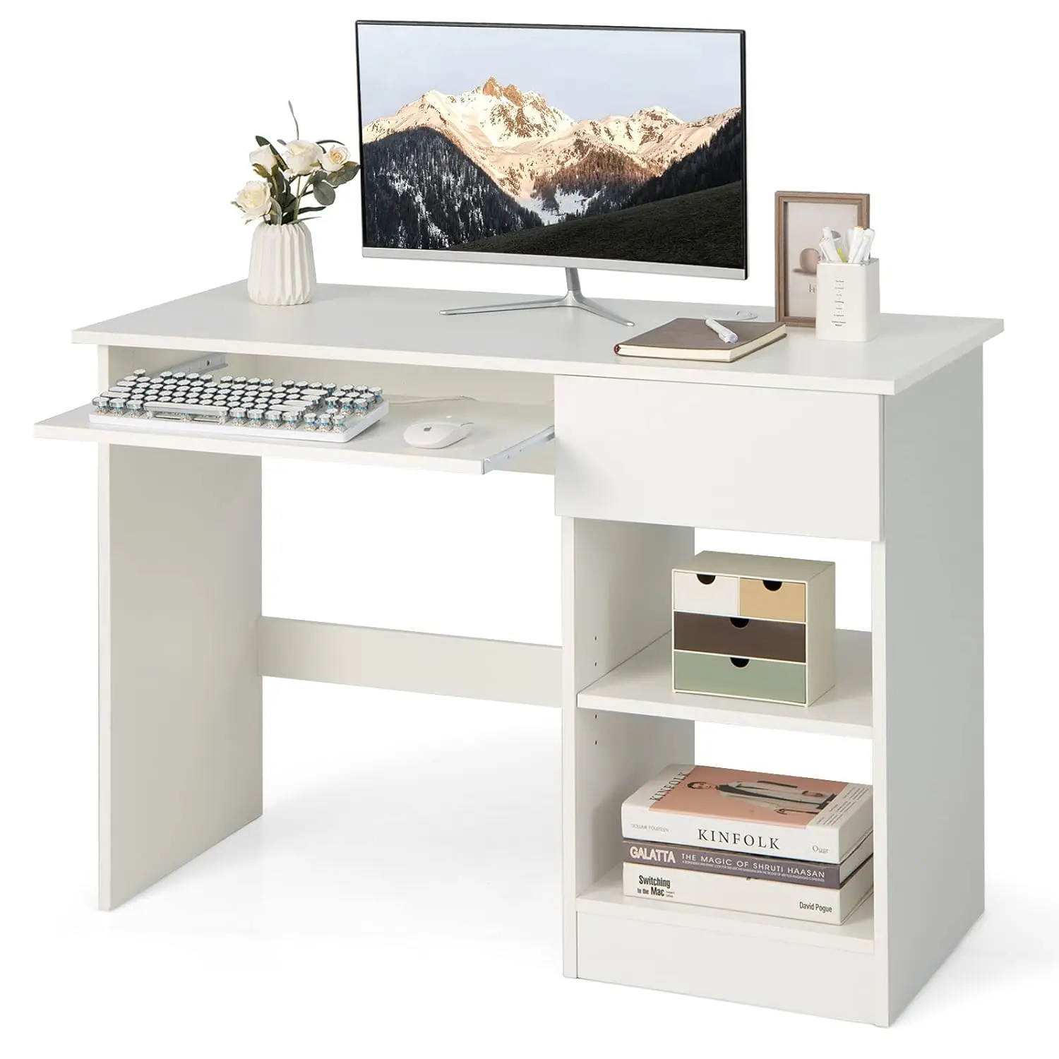 White Desk with Drawer, Wooden Computer Desk with Pull-Out Keyboard Tray & Adjustable Storage Shelves, Modern Laptop PC Desk wit