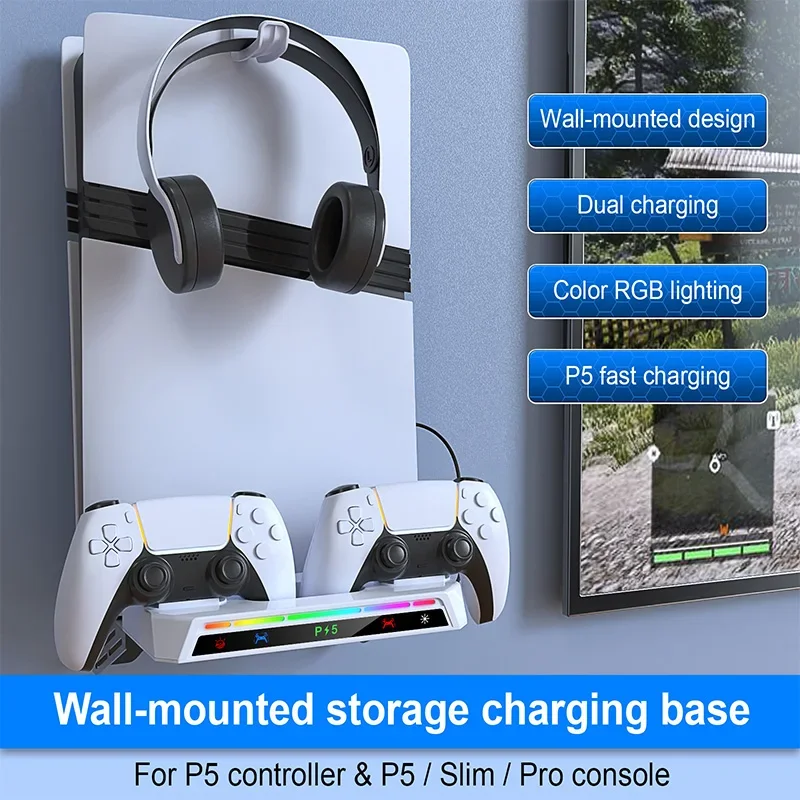 Wall-mounted Storage Charging Base for PS5 Pro/PS5 Slim/PS5 Wall Mount Kit with Dual Controller Charging Station Headset Holder