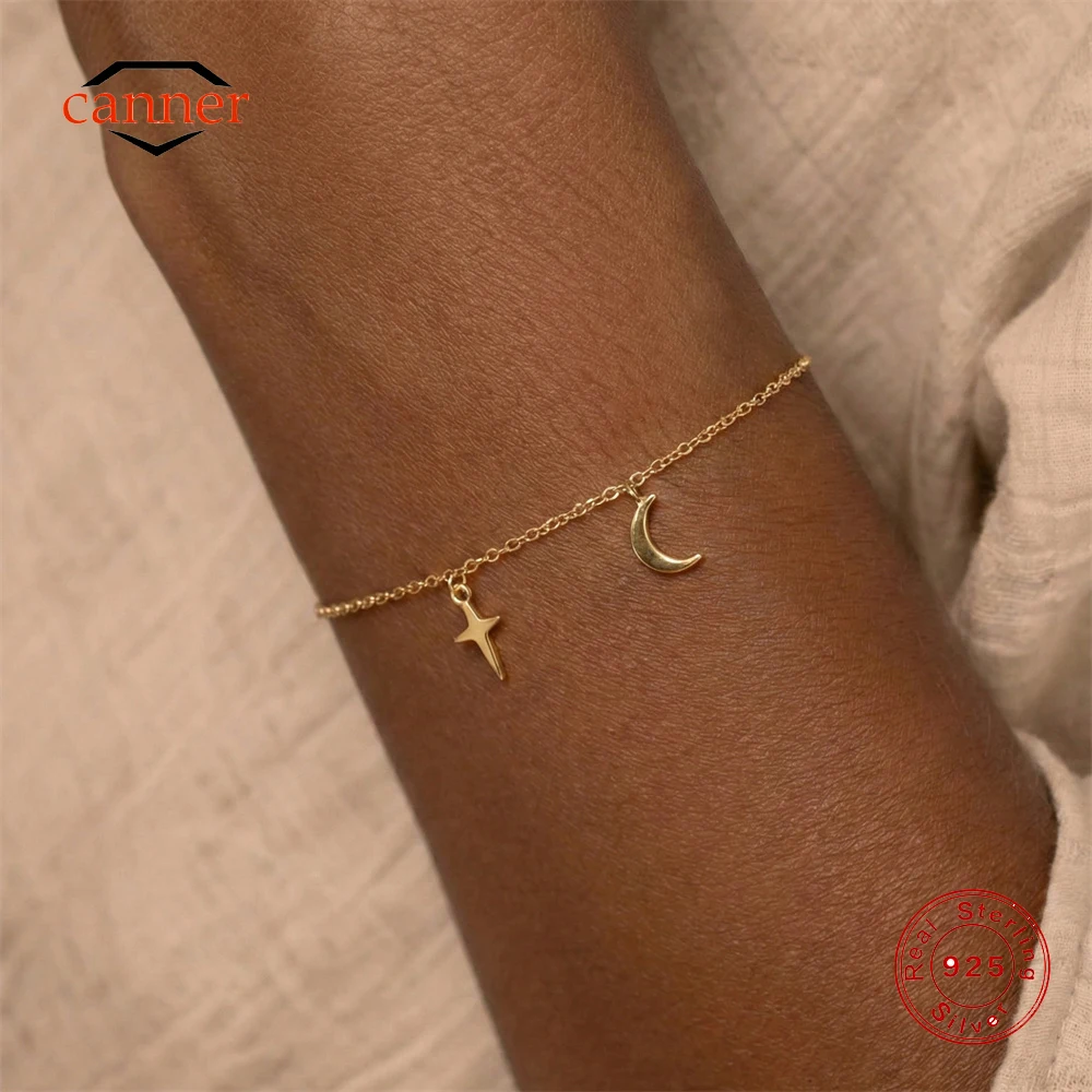 CANNER S925 Sterling Silver Smooth Star Moon Four-Pointed Star Zircon Bracelet For Women INS Simple Versatile Bracelet Jewelry