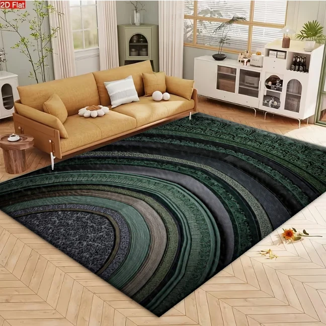 Dark Green Circular Ornate Carved Carpet Flooring, Vintage Concentric Circle Non-Slip Floor Rug for Living Room Bedroom Home Decor