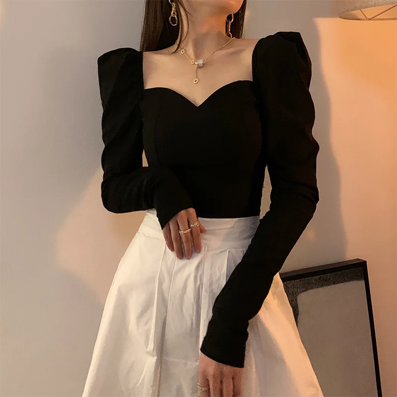 Square Collar Long Sleeve Base Shirt Women's Autumn Winter Sexy Fashionable Show Clavicle Atmosphere Top Commute Style Korean...