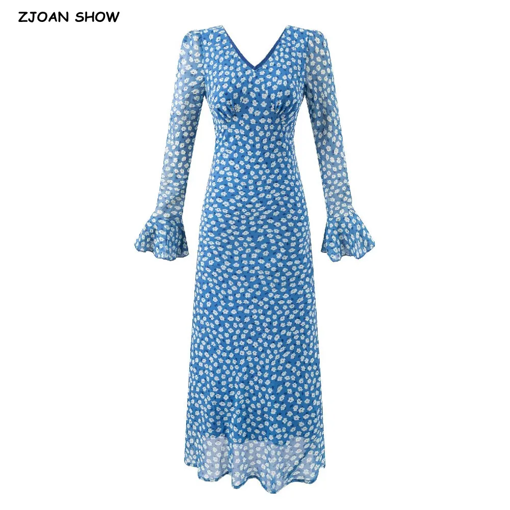 เดรสยาวพิมพ์ลายดอกไม้สีน้ำเงินเรโทรปี 2025 แขนยาวบานทรงเอวผูกโบว์ผูกเชือกยาวคลุมข้อเท้า ผ้าชีฟอง