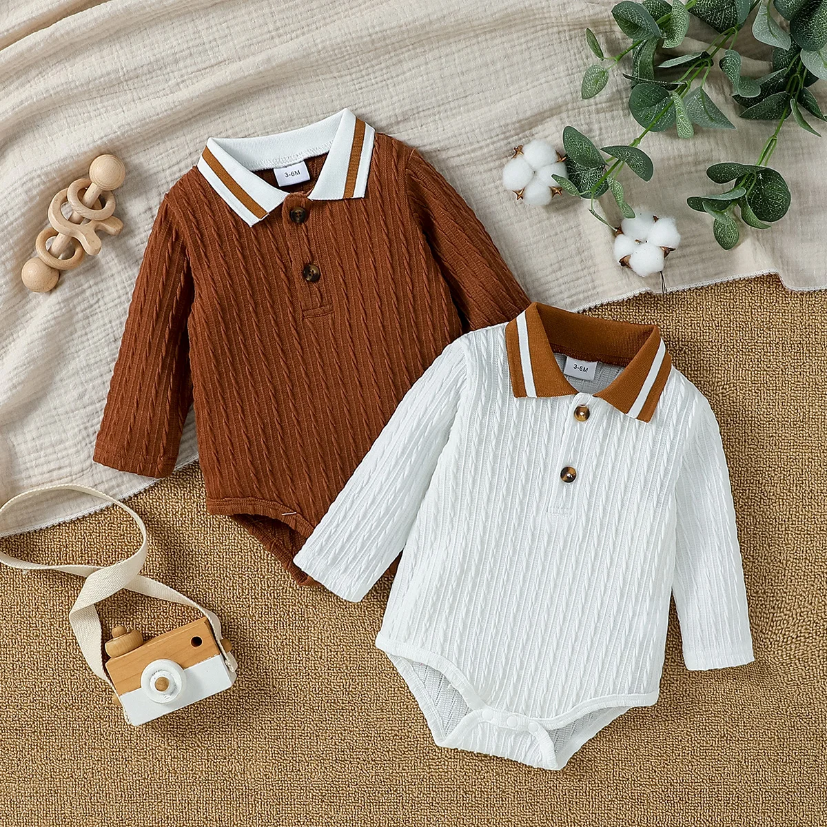 2Pcs Baby Boys Newborn  All Seasons Soild Button Up Collar Long Sleeve Jumpsuit Casual Daily Wear Clothing