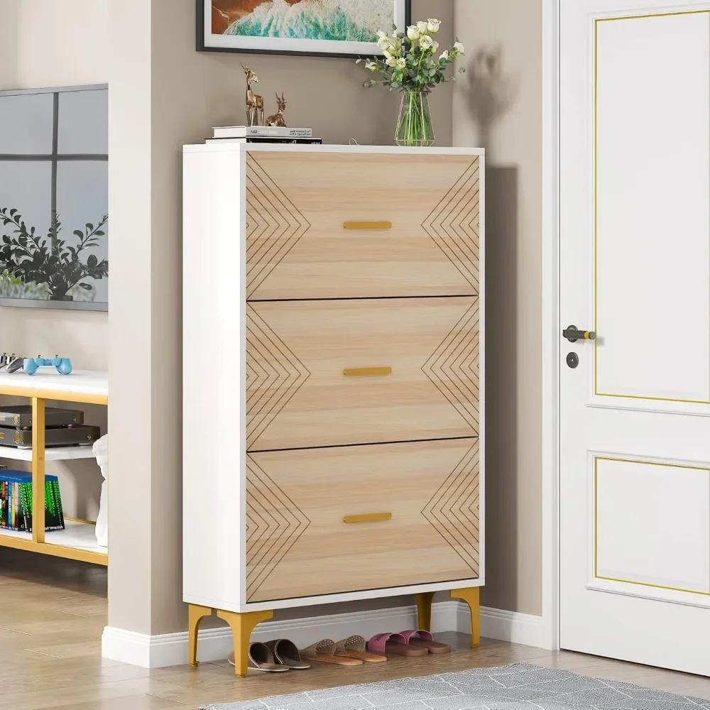 

Shoe Storage Cabinet with 3 Flip Drawers, Slim Hidden Shoe Rack Organizer for Living Room, Wooden Shoe Cabine