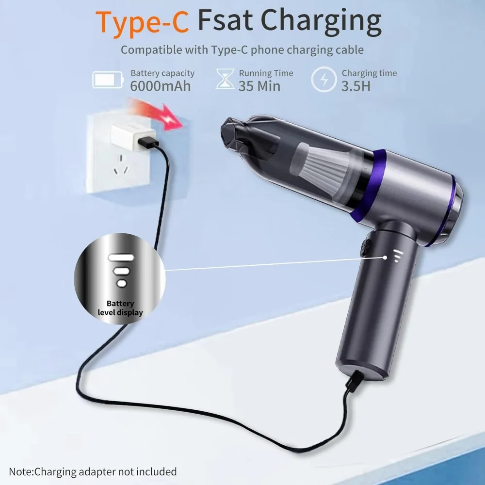 مكنسة كهربائية محمولة باليد، مكنسة كهربائية محمولة للسيارة 22000PA عالية الطاقة 4 في 1 منفاخ هواء منفضة هواء ومنفاخ هواء مع Bru