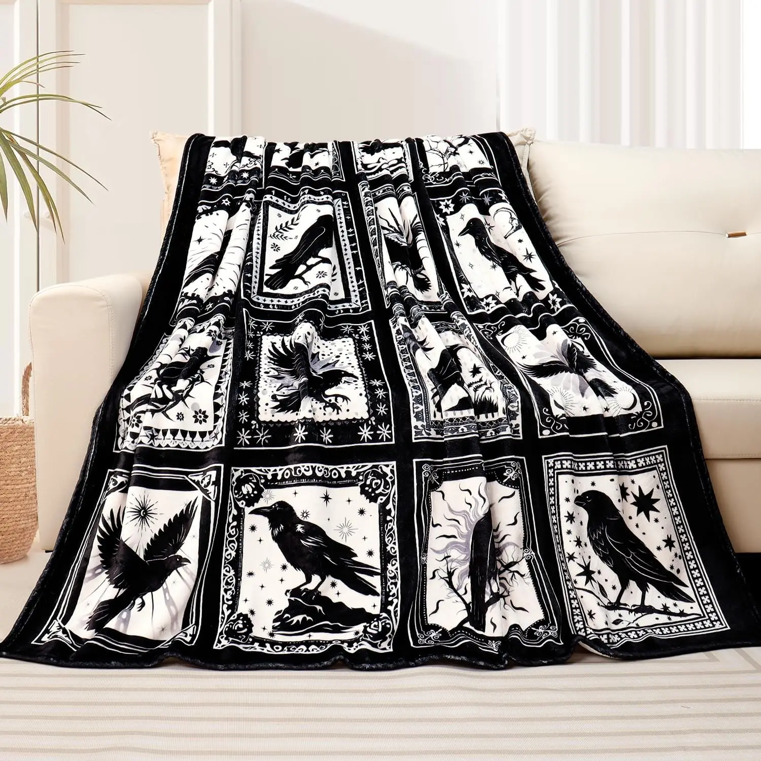 Vogel schwarze Kolibri-Überwurfdecke, ultraweiche Retro-Gothic-Decken, Rabenkrähe, Überwurf, Vogelliebhaber, Geschenk, Bettdecke, gemütliches Flanell