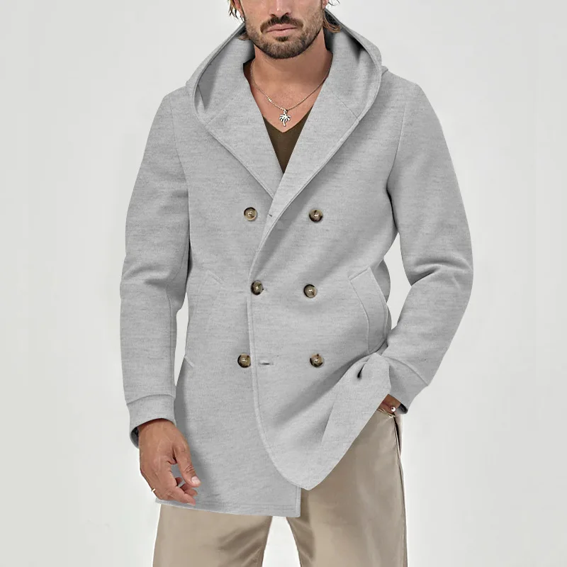 Trench da uomo europeo e americano lungo collo a scatto con cappuccio in cotone composito spaziale doppio petto trench casual