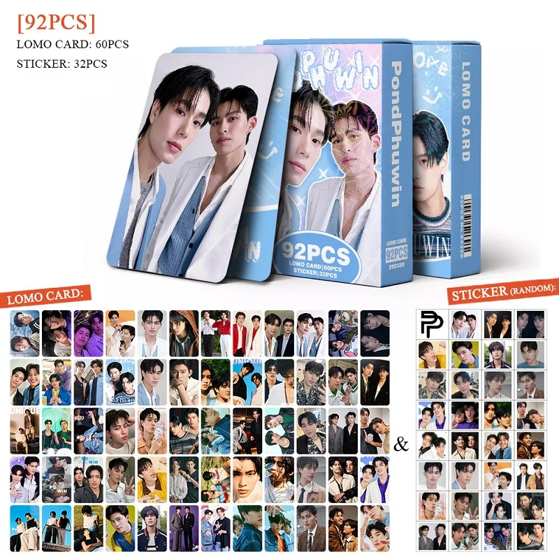 92Pcs/Set PONDPHUWIN Thai Star Laser Lomo Cards Set Drama CP Pond & Phuwin Holographic Photo Cards with Stickers Collection