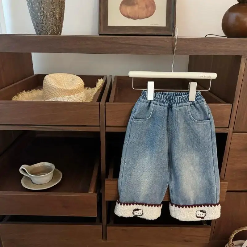 

Джинсы Sanrio Hello Kitty с широкими штанинами для девочек, весенне-осенние детские брюки, повседневная одежда, модный стиль, джинсовые брюки в стиле кавайи