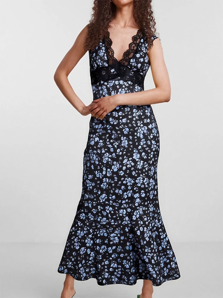 Vestidos femininos verão novo sexy renda com decote em v sem costas floral maxi vestido moda impressão rendas feminino casual vestidos finos roupas