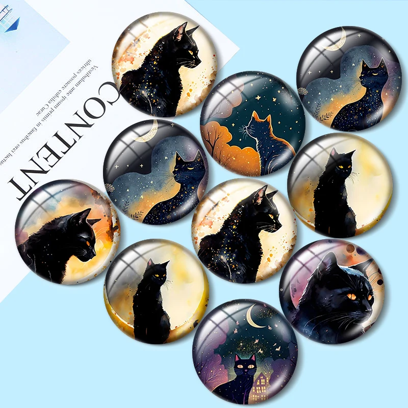 

Moon Black Cat Halloween 10pcs 12mm/18mm/20mm/25mm Round photo glass cabochon demo flat back Making findings