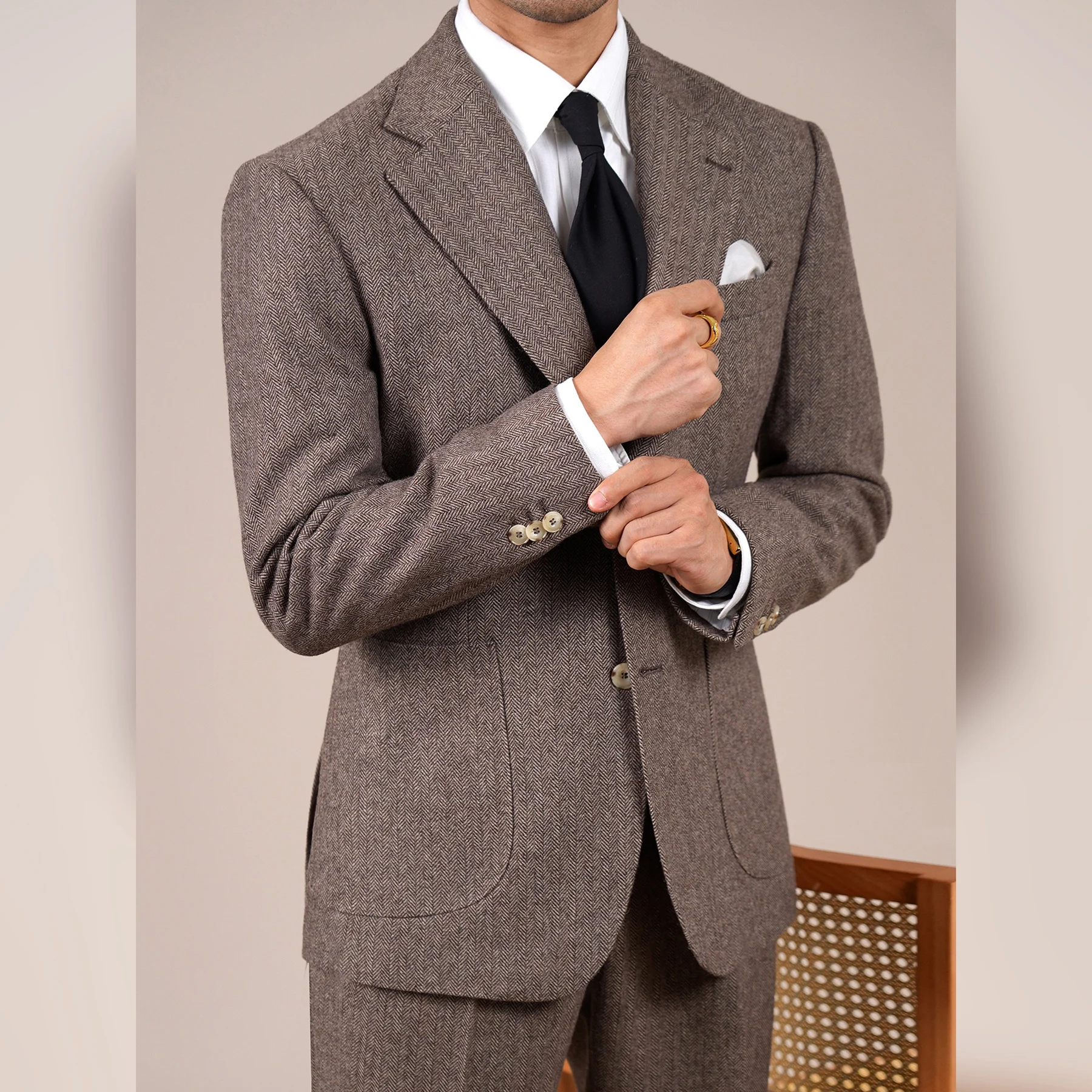 Wool Blend Suit Set For Men Fall Winter Style Notched Lapel Commuter Herringbone Pattern Casual Business Blazer Men Tuxedo Suit