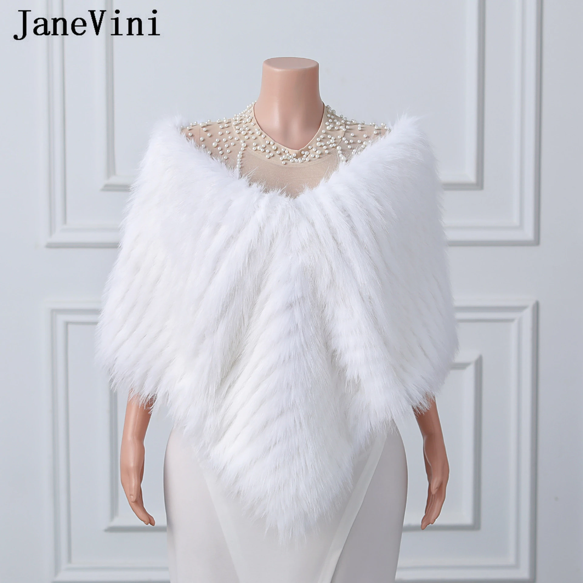 

JaneVini Winter White Fur Shawl for Women Shoulder Cover Faux Fur Bride Wedding Capes Wraps Stole Shrug Party Bolero Pra Vestido