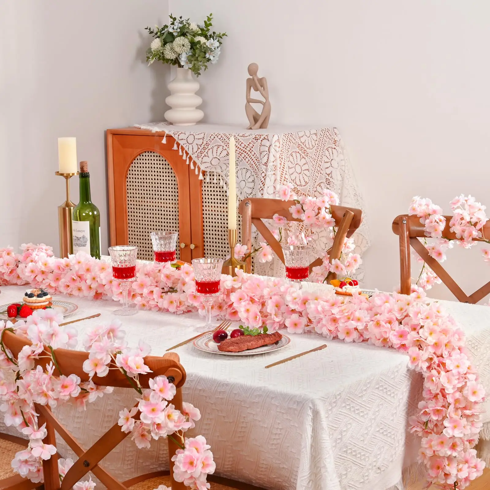 Gefälschte Kirschblüten-Ranken, künstliche Frühlingsblumen für draußen, hängende Seidenblumengirlande, Hochzeit, Party, Zimmer, Heimdekoration – Detail 4