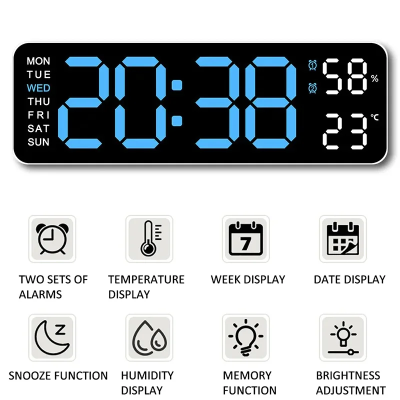 LED Digital Wall Clock Date Time Week Temperature Humidity Display Brightness Adjustable 2-Alarm Electronic Alarm Clock For Home