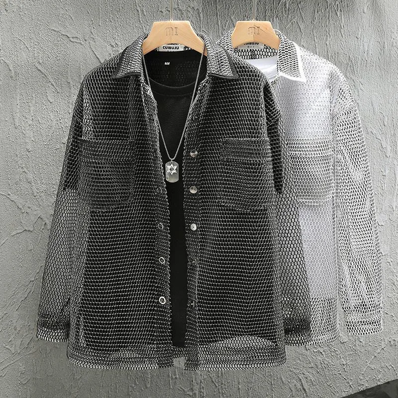 Spring Summer Men's Mesh Shirt American Casual Fashion Loose High Street Male Contrasting Color Hollow Out Sunscreen Jackets