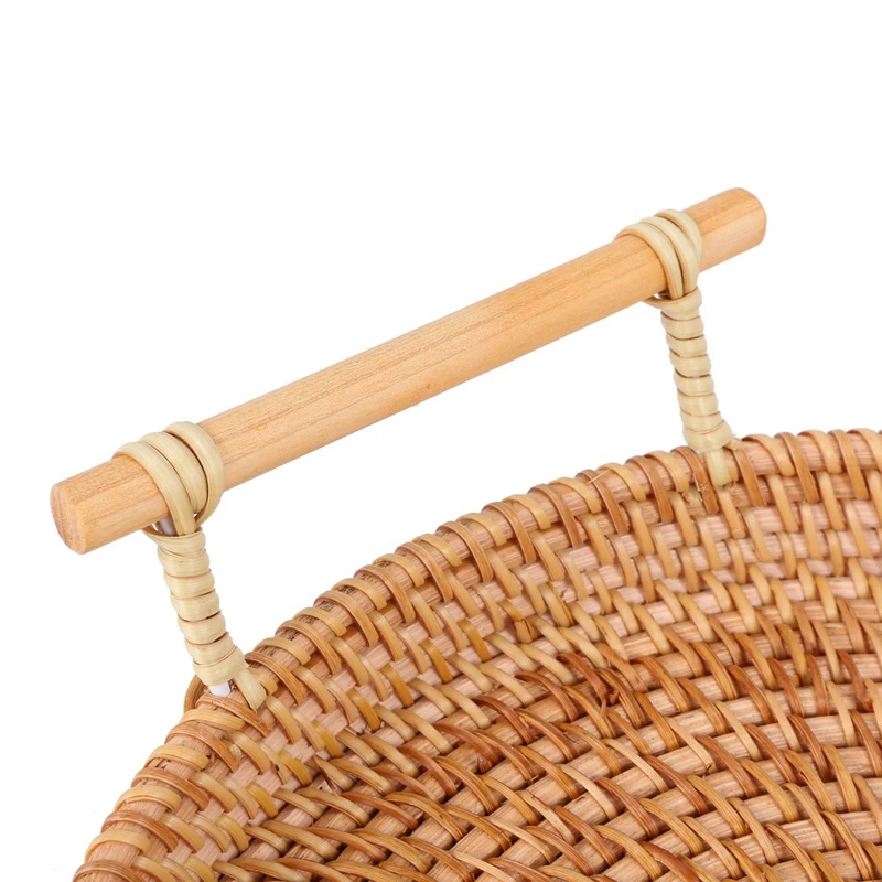 4X Rattan Bread Basket Round Woven Tea Tray With Handles For Serving Dinner Parties Coffee Breakfast (8.7 Inches)