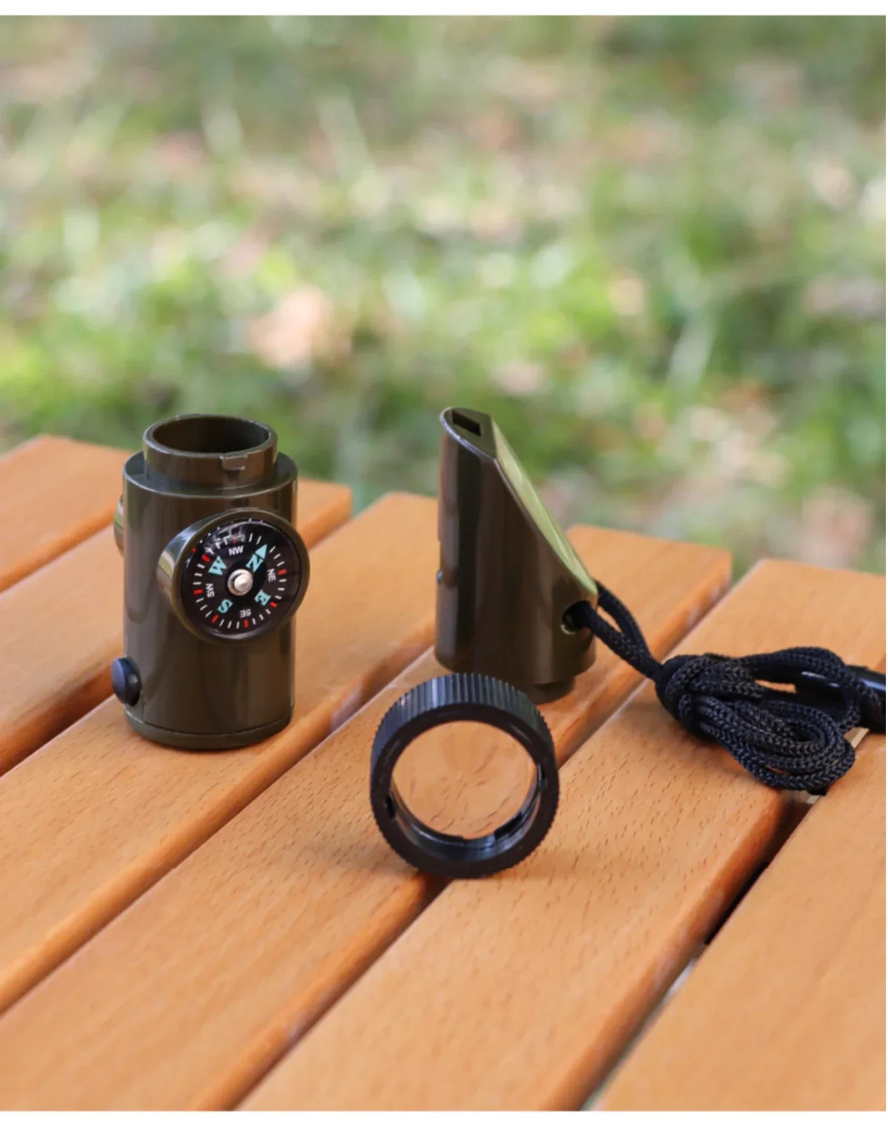 Jungle Survival Whistle with Compass Mirror Flashlight Magnifier LED Light Thermometer Storage Hiking Tool