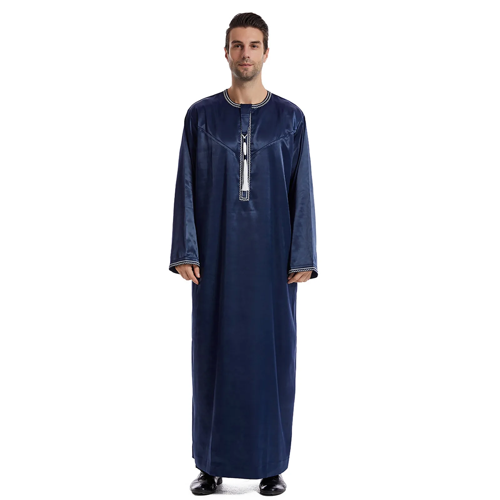 Robe en satin musulmane brodée pour hommes, manches longues, décontracté, mode, loisirs, Abaya, mince, solide, musulman