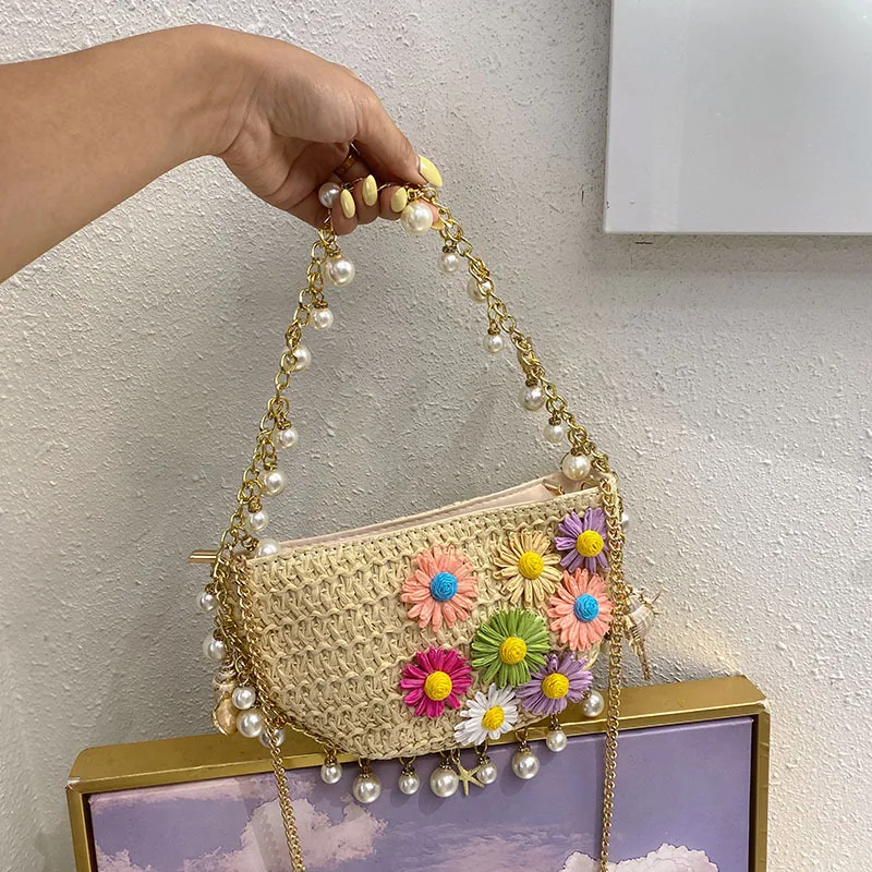Spring and Summer Seaside Beach Vacation Straw Bag Niche Hand-Woven Flower Pearl Shoulder Messenger Bag