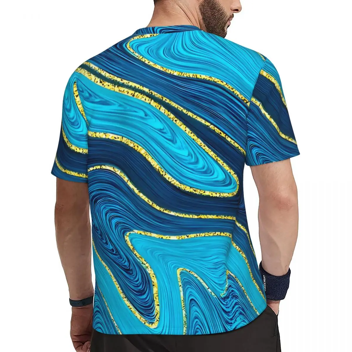 Blue And Gold Marble Swirls Art T Shirt Hippie Gym T-Shirts Short-Sleeved Fast Dry Tops Beach Y2K Retro Big Size Top Tees