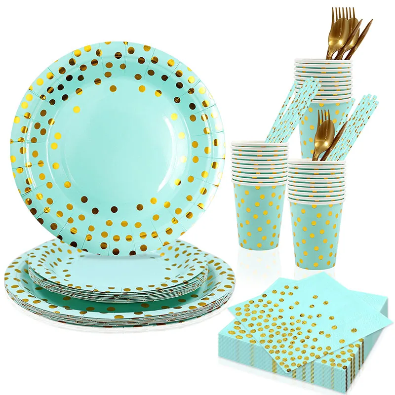 

10 Guest Green Party Supplies Disposable Gold Dots Paper Tray Plates Cups Knives for Baby Shower Bridal Wedding Birthday Party